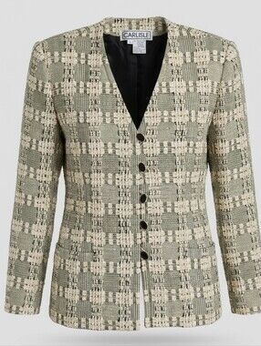 Vintage Carlisle Tweed Cream & Black Tailored Classic Women's Blazer Size 14